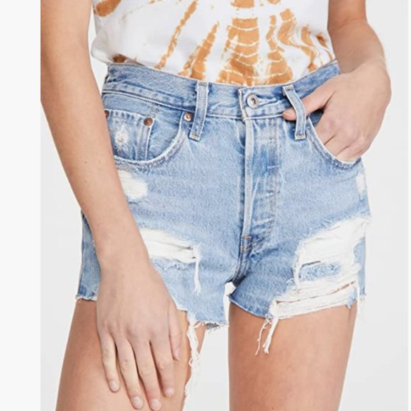LEVI'S Women's Premium 501 Original Denim Shorts Distressed Button Fly 29 NWOT - Picture 2 of 6